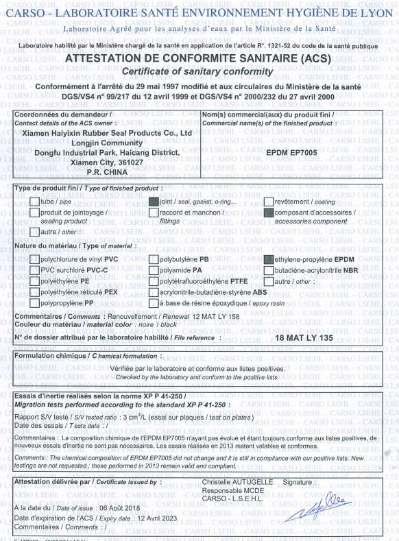 ACS certificate - EPDM 70SH