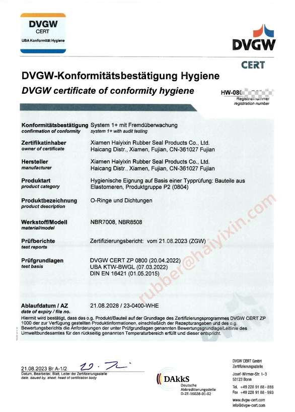 DVGW certificate NBR 70SH 85SH