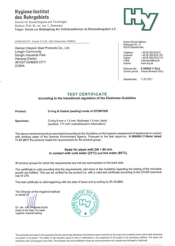 KTW certificate - EPDM 70SH