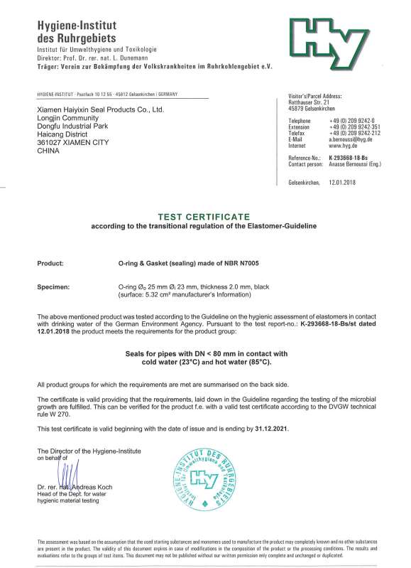 KTW certificate - NBR 70SH