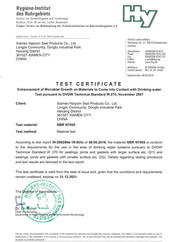 W270 certifiacte - NBR 70SH