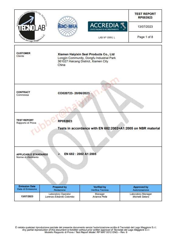 EN682.2002 certificate NBR 70SH
