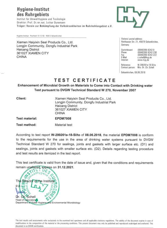 W270 certifiacte - EPDM 70SH